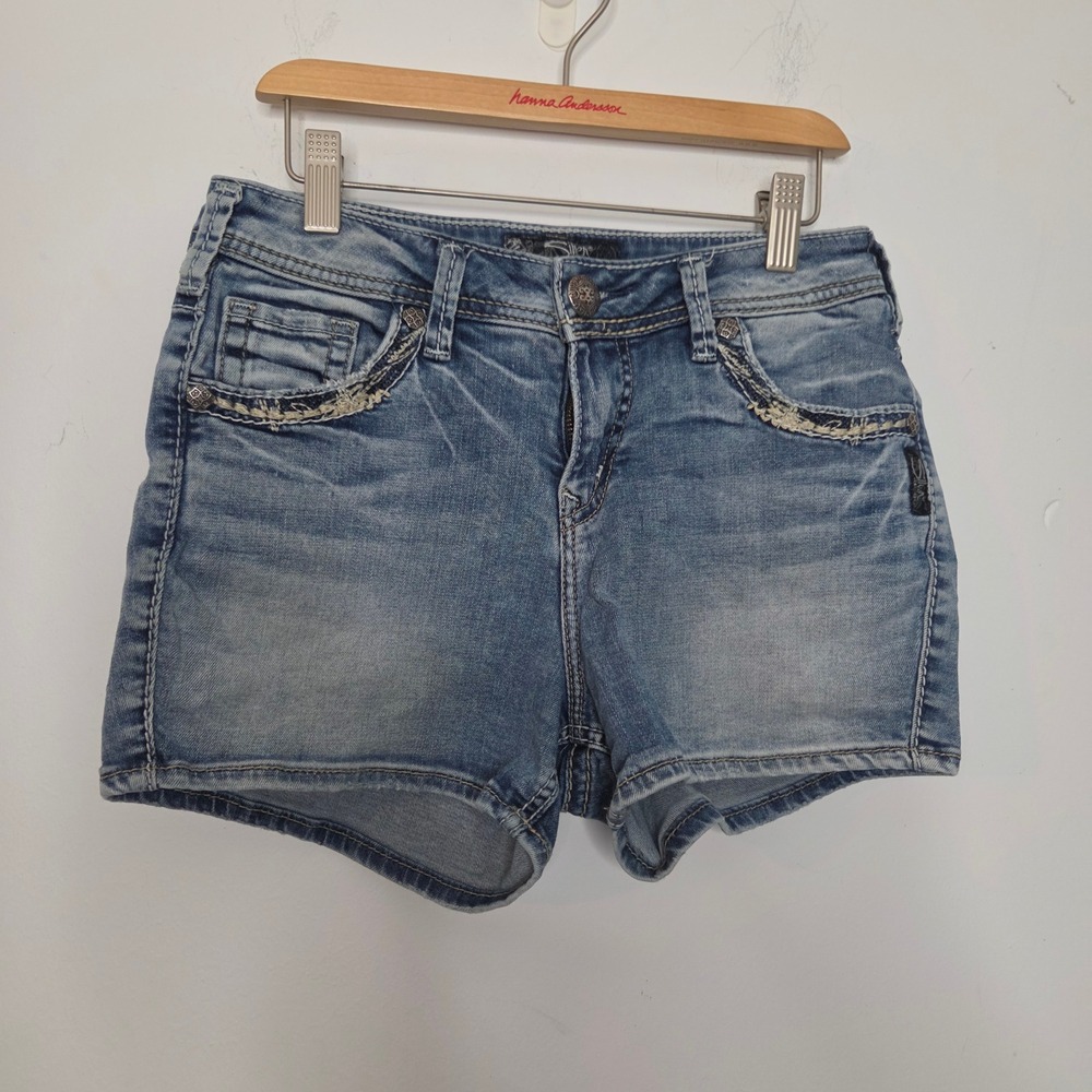 Silver Jeans Co Suki Mid Rise Denim Shorts Blue Distressed W27 Womens